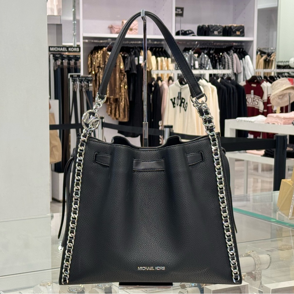 Michael Kors Mina Large Chain Shoulder Pebbled Leather Bag Black/Silver